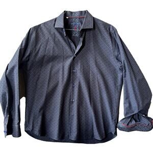 Visconti Men's Dress Shirt Long Sleeve XL Navy Blue Patterned Hidden Button